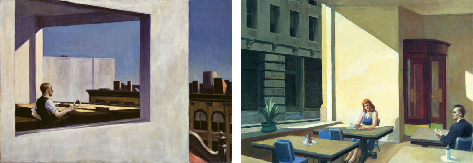 слева: Офис в маленьком городе (англ. Office in a Small City), 1953; справа: Солнечный свет в кафетерии (англ. Sunlight in a Cafeteria), 1958