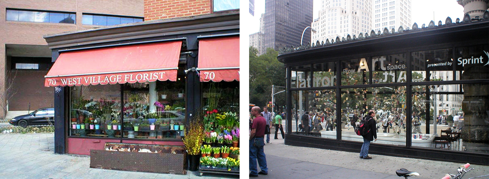 Цветочный магазин и закусочная на улице Гринвич-Виллидж (слева) и витринна Флэтайрон билдинг (справа), Нью-Йорк