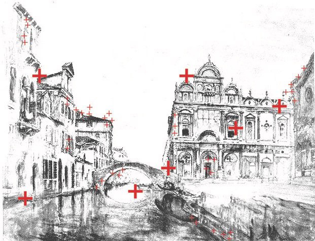 La Scuola di San Marco. Джон Рёскин, 1876. Реставраторские «маячки», отмечающие значимые точки зданий, добавлены автором исследования. 